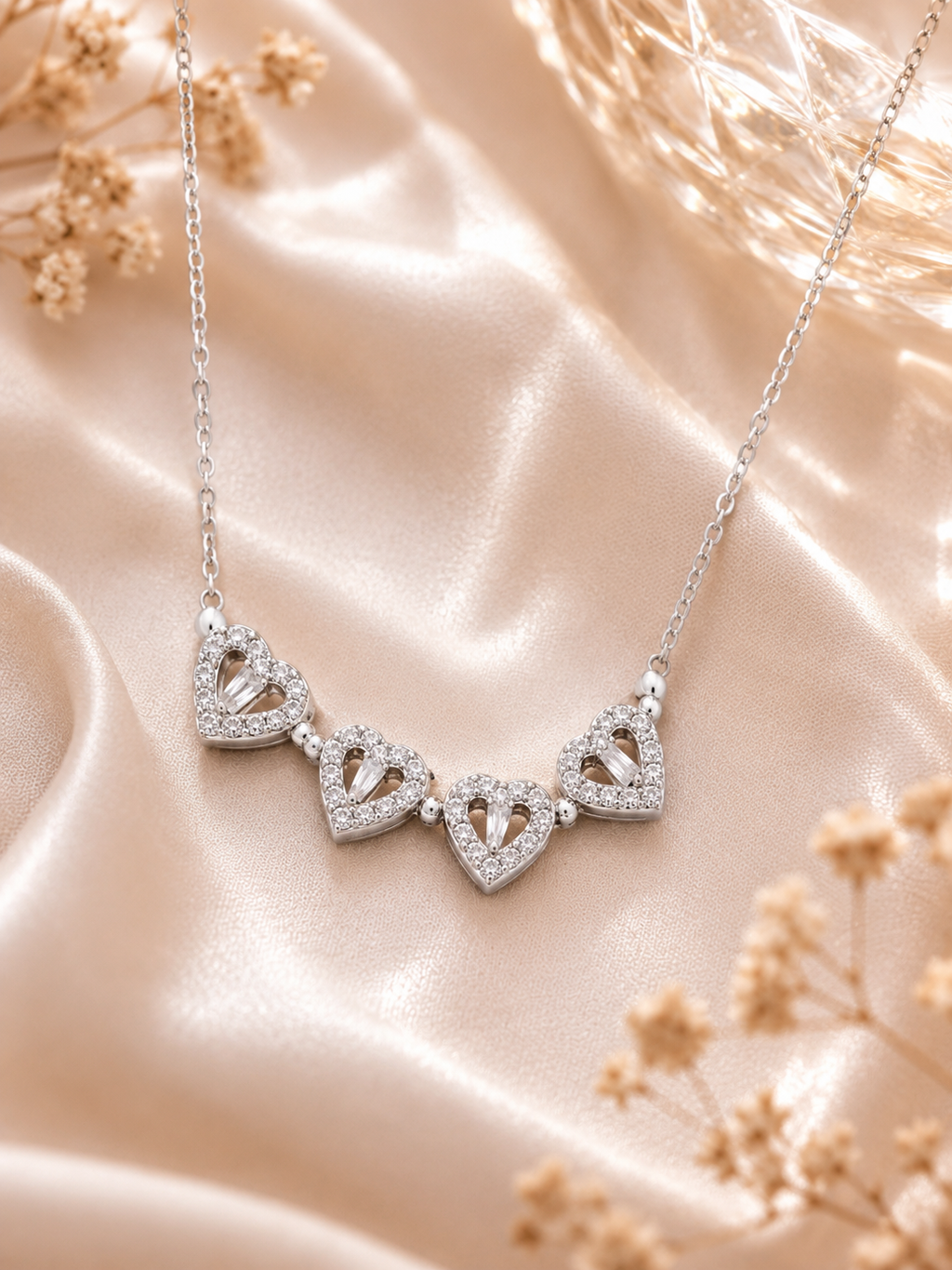 Anti Tarnish Stainless Steel Crystal Four Leaf Clover Heart Pendant Necklace for Women & Girls
