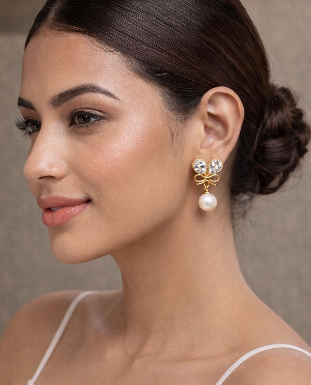 Anti Tarnish Gold Plated Bow Pearl Drop Earrings for Women & Girls