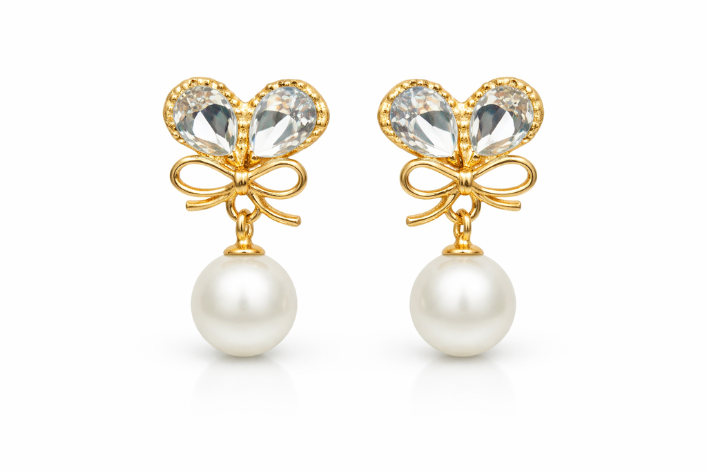 Anti Tarnish Gold Plated Bow Pearl Drop Earrings for Women & Girls