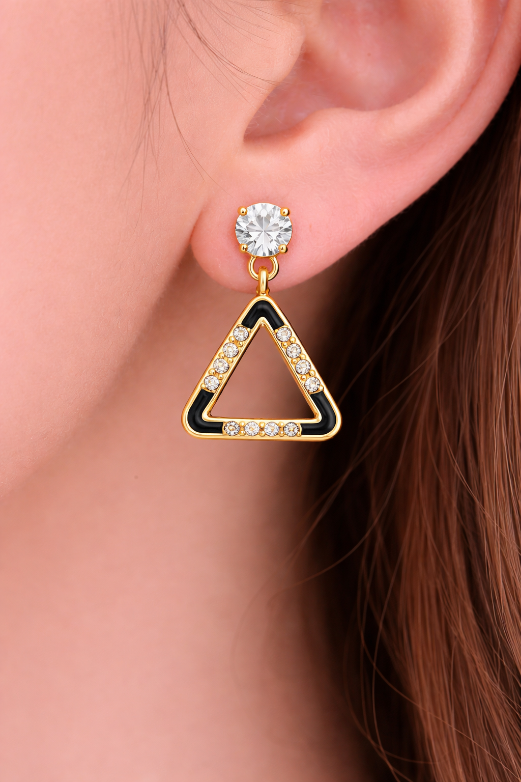 Anti Tarnish Gold Plated Black Enamel Triangle Drop Earrings for Women & Girls