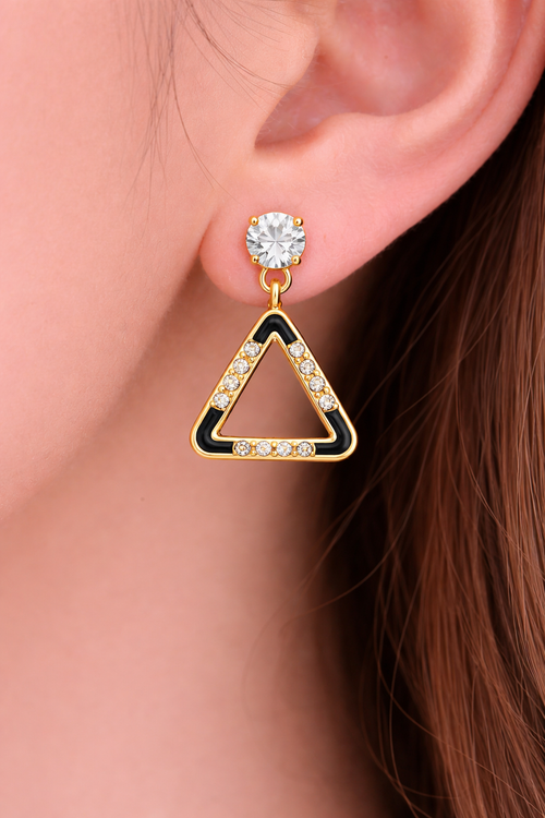 Anti Tarnish Gold Plated Black Enamel Triangle Drop Earrings for Women & Girls