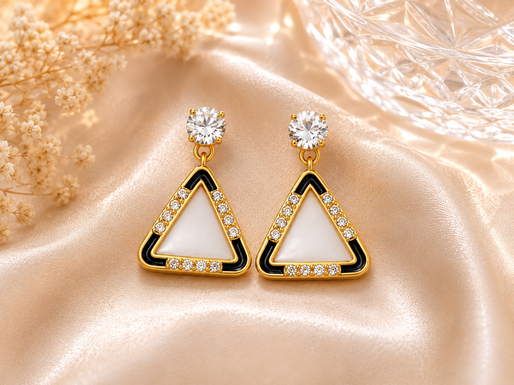Anti Tarnish Gold Plated Black Enamel Triangle Drop Earrings for Women & Girls