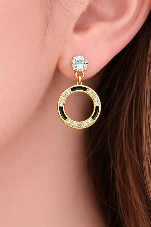 Anti Tarnish Gold Plated Black Enamel Crystal Hoop Earrings for Women & Girls