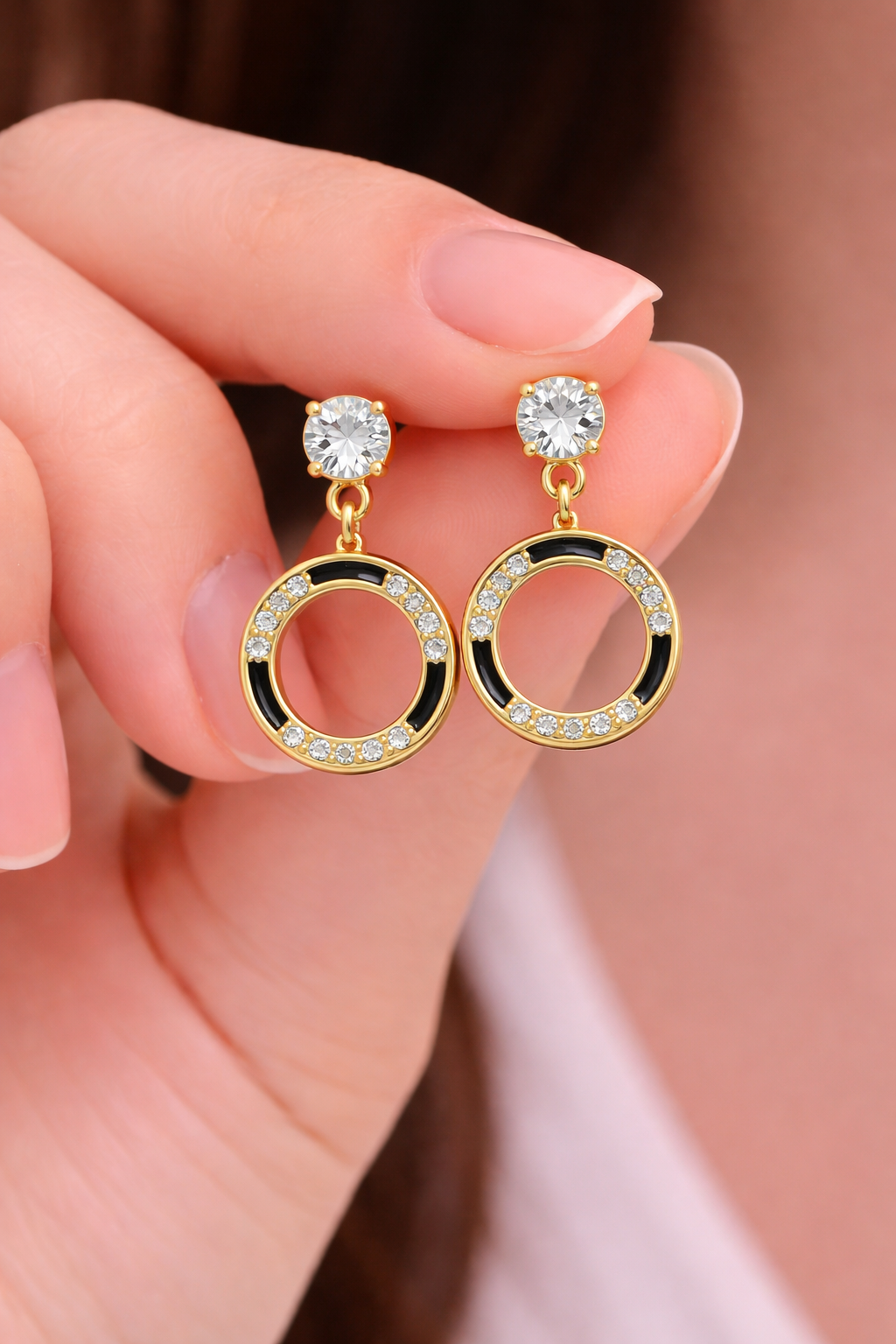 Anti Tarnish Gold Plated Black Enamel Crystal Hoop Earrings for Women & Girls
