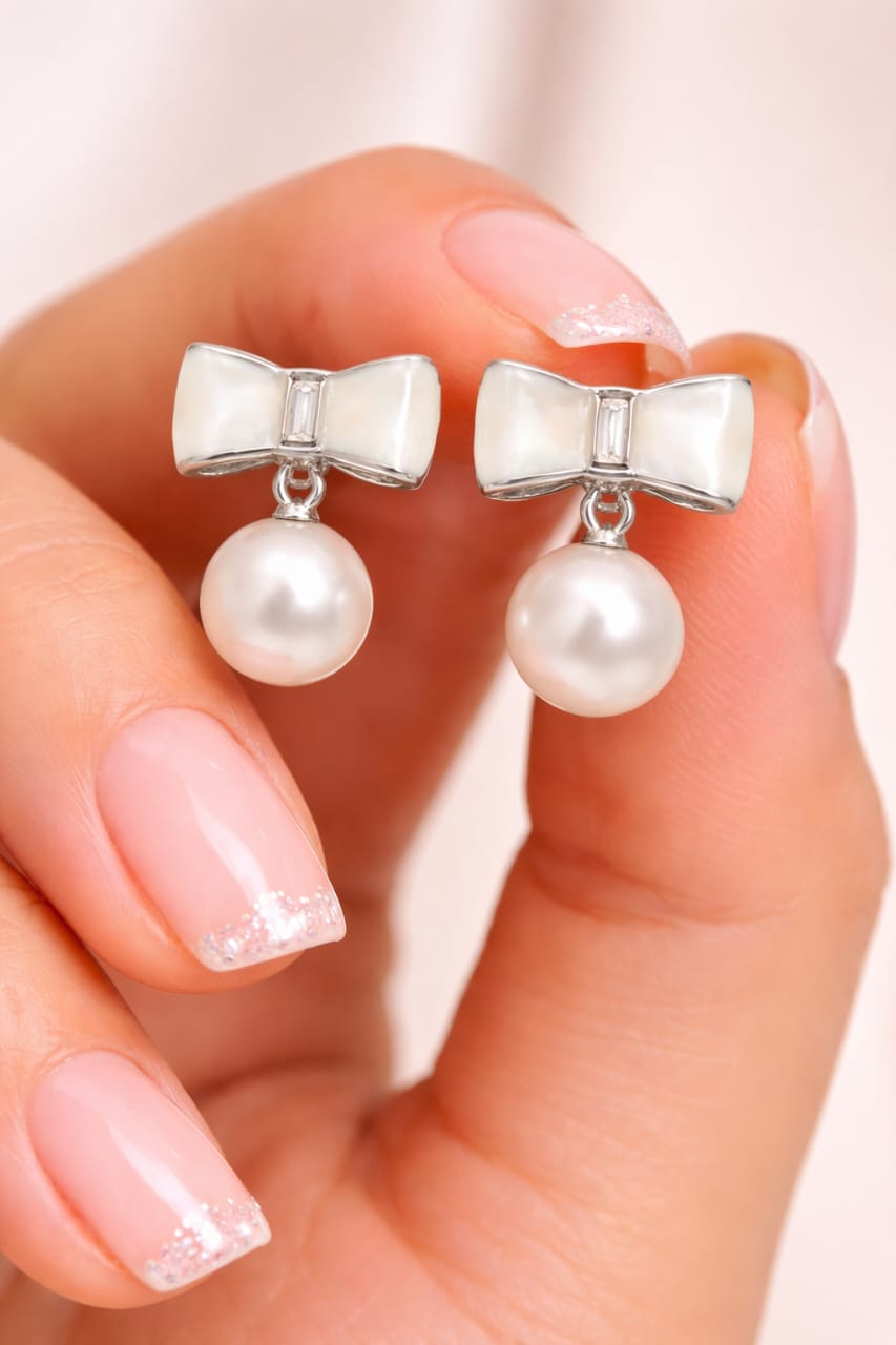 Classic Bow Knot Pearl Stud Earrings for Women & Girls
