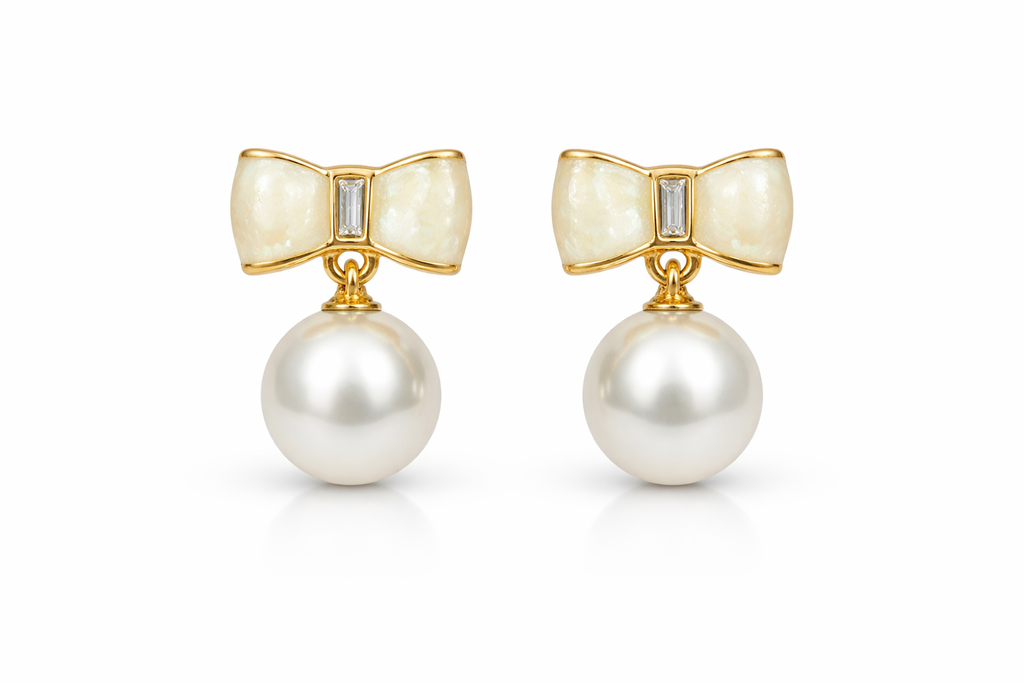 Elegant Gold Bow Pearl Drop Earrings for Women & Girls