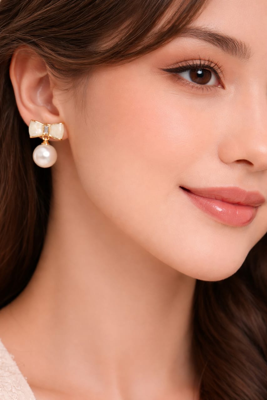 Elegant Gold Bow Pearl Drop Earrings for Women & Girls