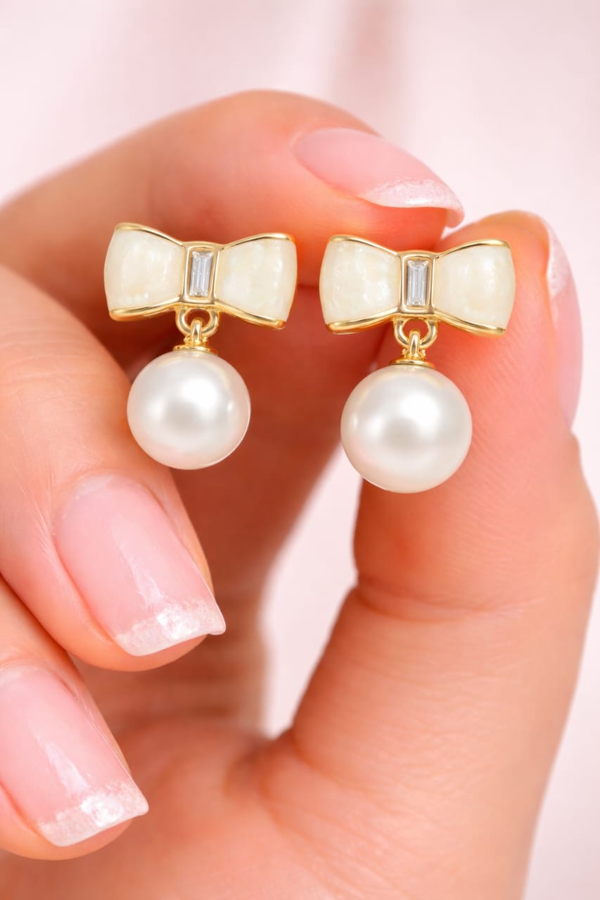 Elegant Gold Bow Pearl Drop Earrings for Women & Girls