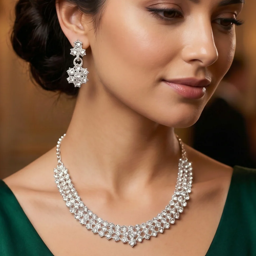 Silver Plated Necklace Set – Elegant & Sparkling for Formal Events