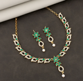 Emerald Green Crystal Necklace Set – Elegant Leaf Motif with Pearl Drop