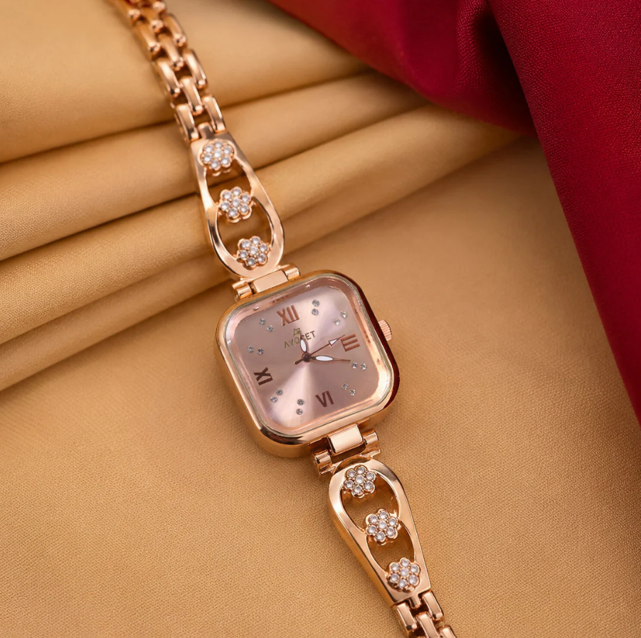Women's Rose Gold Watch – Square Dial Floral Bracelet