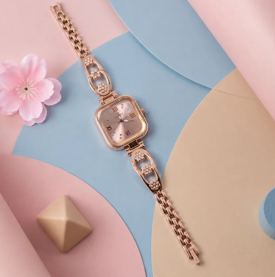 Women's Rose Gold Watch – Square Dial Floral Bracelet