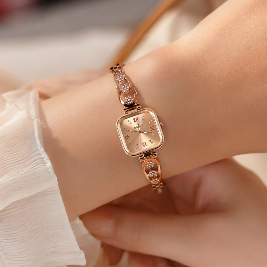 Women's Rose Gold Watch – Square Dial Floral Bracelet