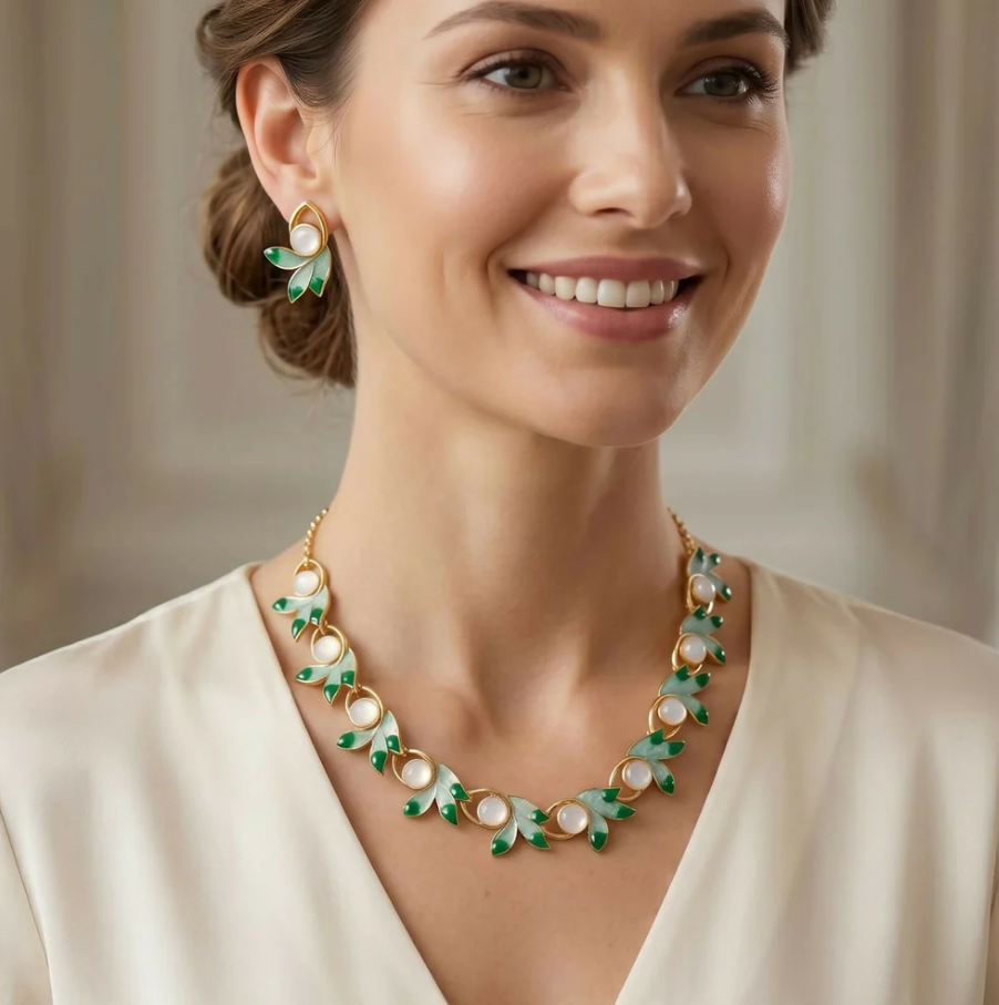 Pearl Necklace Set – Elegant Green Leaf Design & Matching Earrings