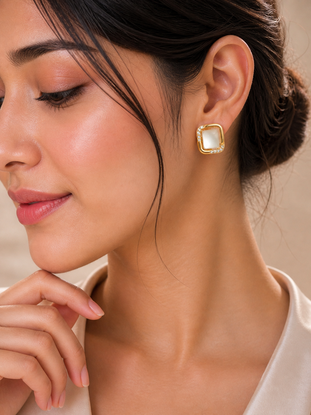 Gold Plated Square Stud Earrings for Women White Stone Elegant Daily Wear Earrings