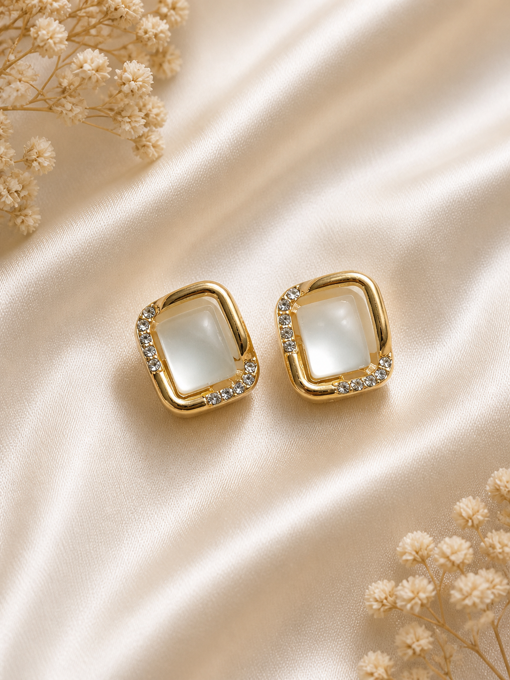 Gold Plated Square Stud Earrings for Women White Stone Elegant Daily Wear Earrings