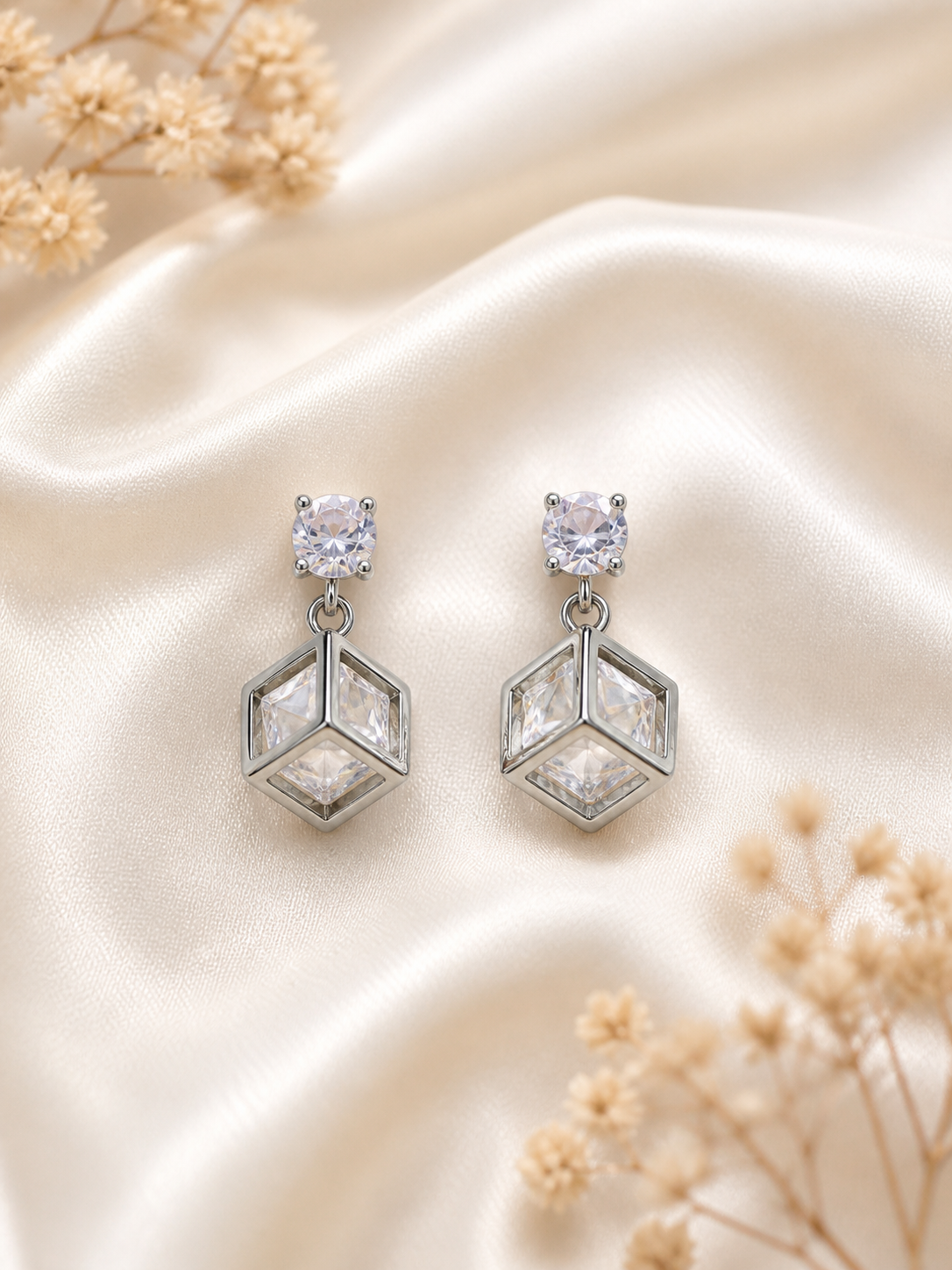 Silver Plated Geometric Crystal Drop Earrings for Women Elegant Party Wear Dangle Earrings