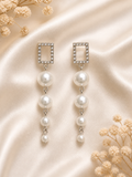 Elegant Pearl Drop Earrings for Women Silver Plated Crystal Square Long Dangle Party Wear Earrings