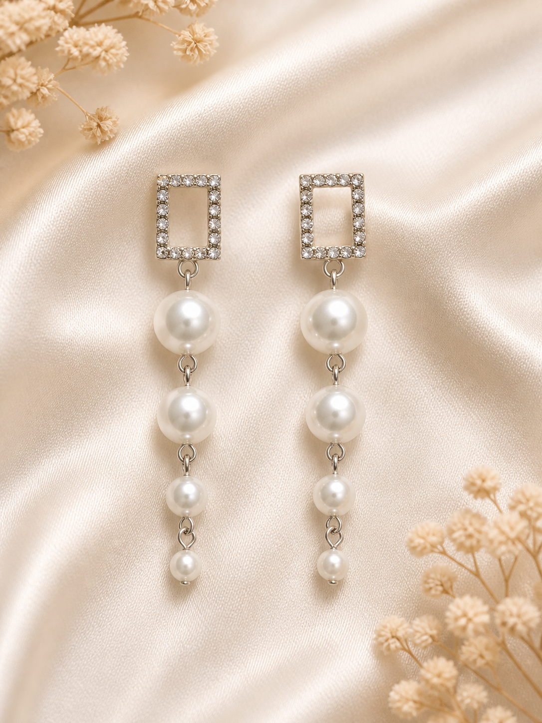 Elegant Pearl Drop Earrings for Women Silver Plated Crystal Square Long Dangle Party Wear Earrings