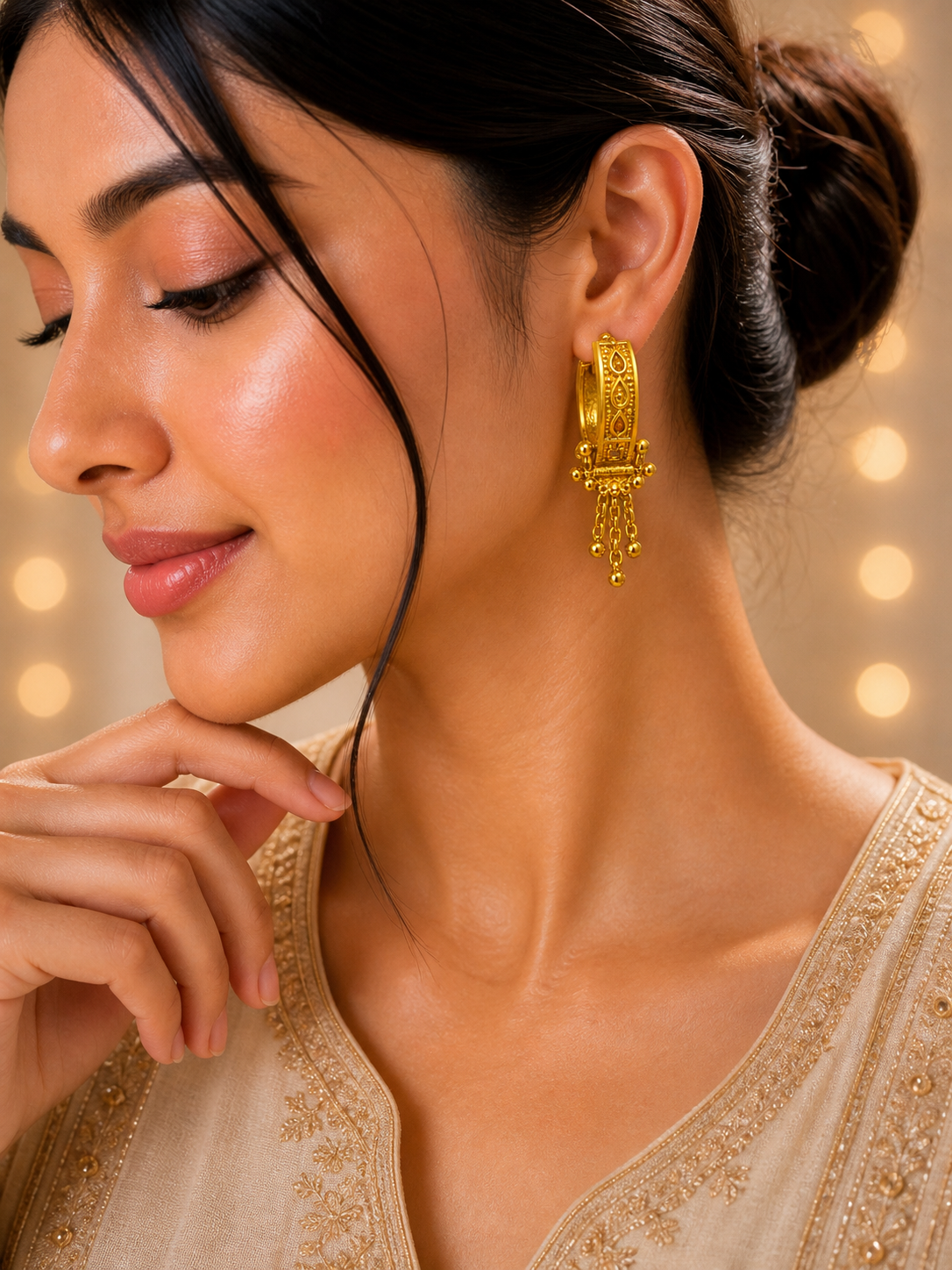 Gold Plated Hoop Earrings with Hanging Beads for Women Traditional Designer Daily & Party Wear Earrings