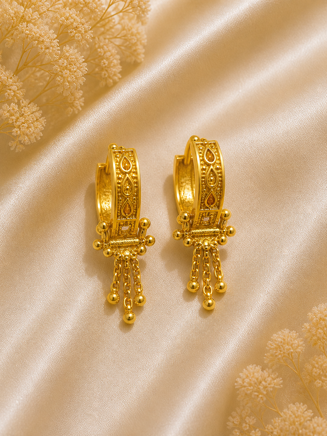 Gold Plated Hoop Earrings with Hanging Beads for Women Traditional Designer Daily & Party Wear Earrings