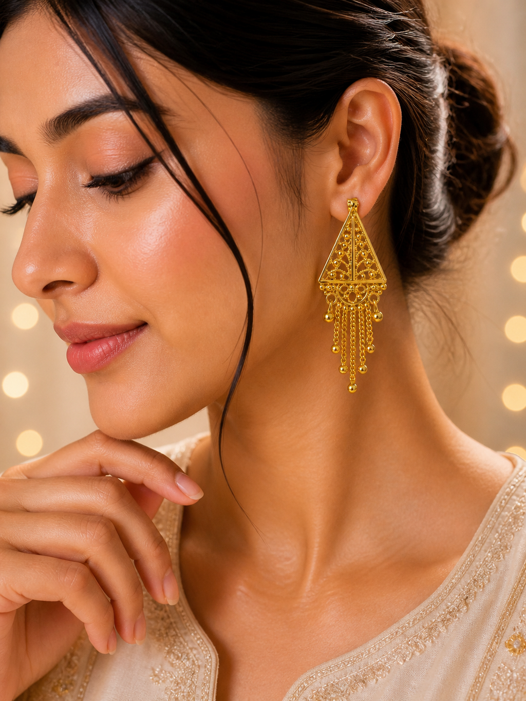 Designer Gold Plated Triangle Long Dangle Earrings for Women Traditional Heavy Party & Wedding Wear Earrings