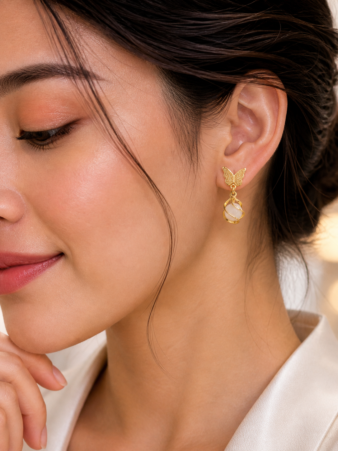 Gold Plated Butterfly Pearl Drop Earrings for Women Trendy Cute Daily Wear Party Earrings