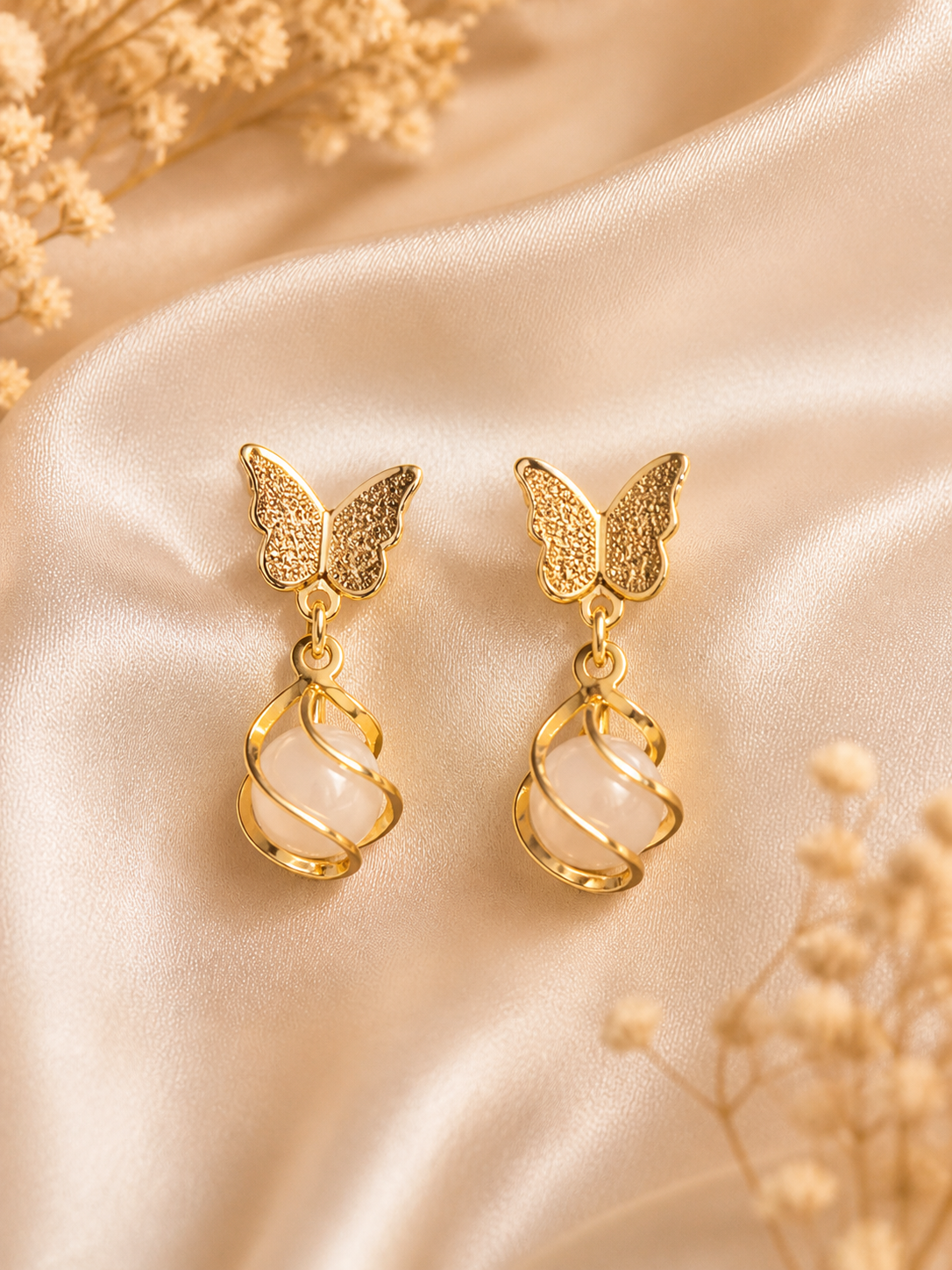Gold Plated Butterfly Pearl Drop Earrings for Women Trendy Cute Daily Wear Party Earrings