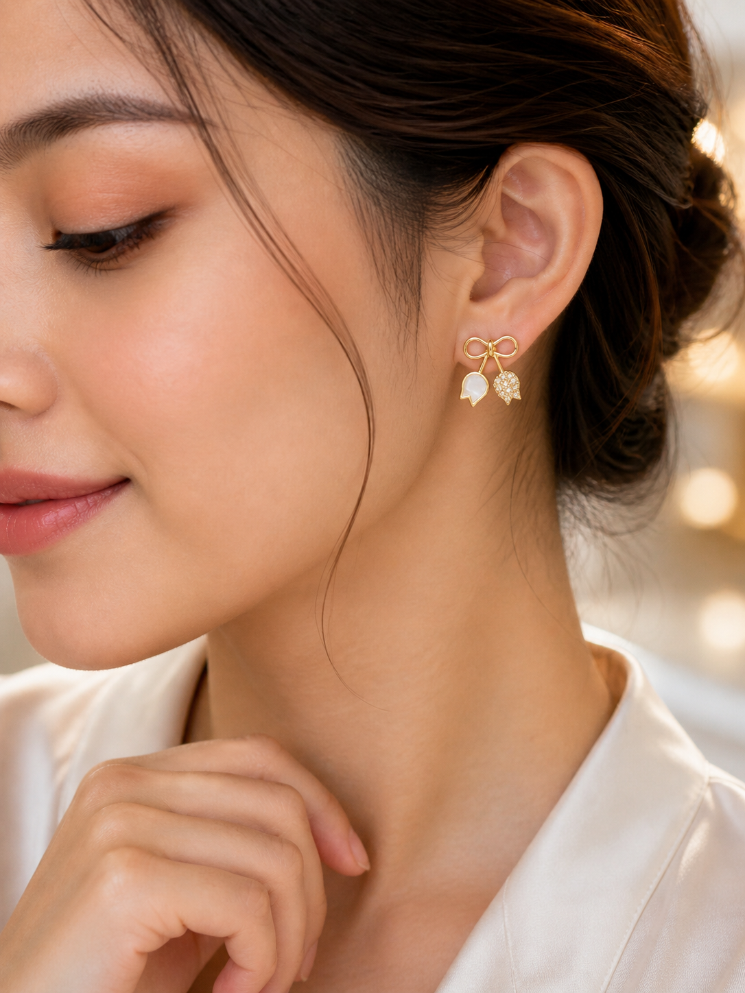 Gold Plated Bow Leaf Stud Earrings for Women Trendy Crystal Cute Daily Wear Earrings