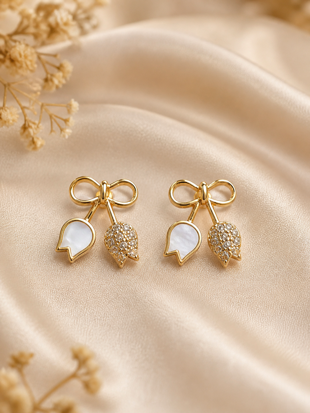 Gold Plated Bow Leaf Stud Earrings for Women Trendy Crystal Cute Daily Wear Earrings