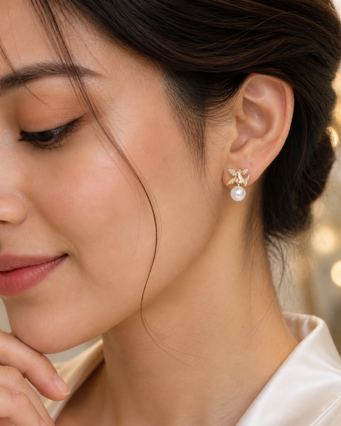 Gold Plated Butterfly Pearl Stud Earrings for Women Trendy Crystal Cute Daily Wear Earrings