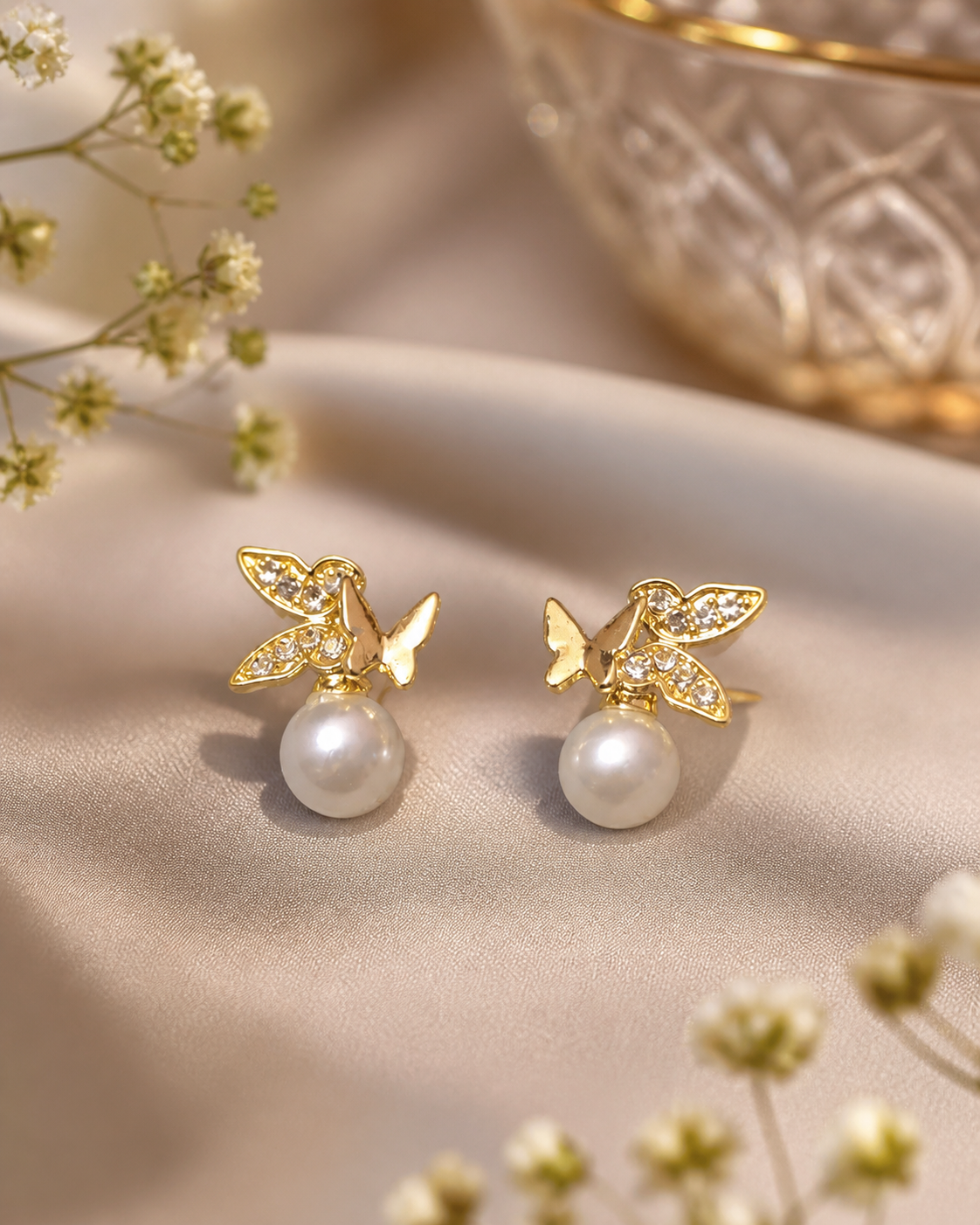 Gold Plated Butterfly Pearl Stud Earrings for Women Trendy Crystal Cute Daily Wear Earrings