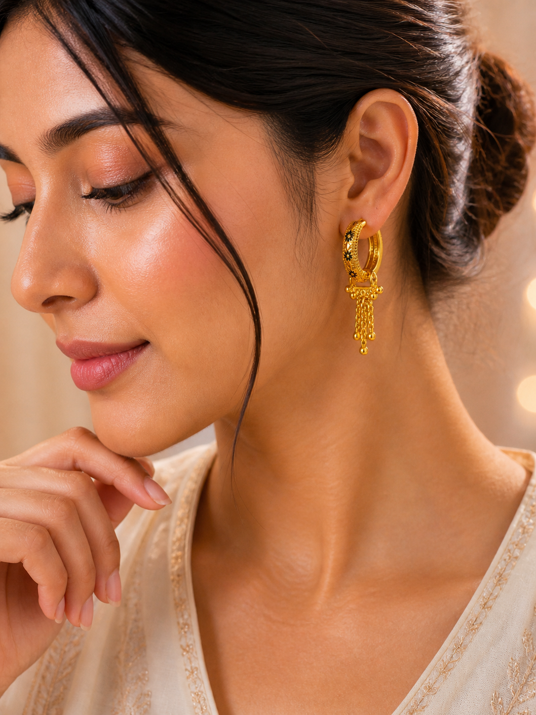 Gold Plated Hoop Earrings with Hanging Chain Beads for Women Trendy Daily & Party Wear Earrings