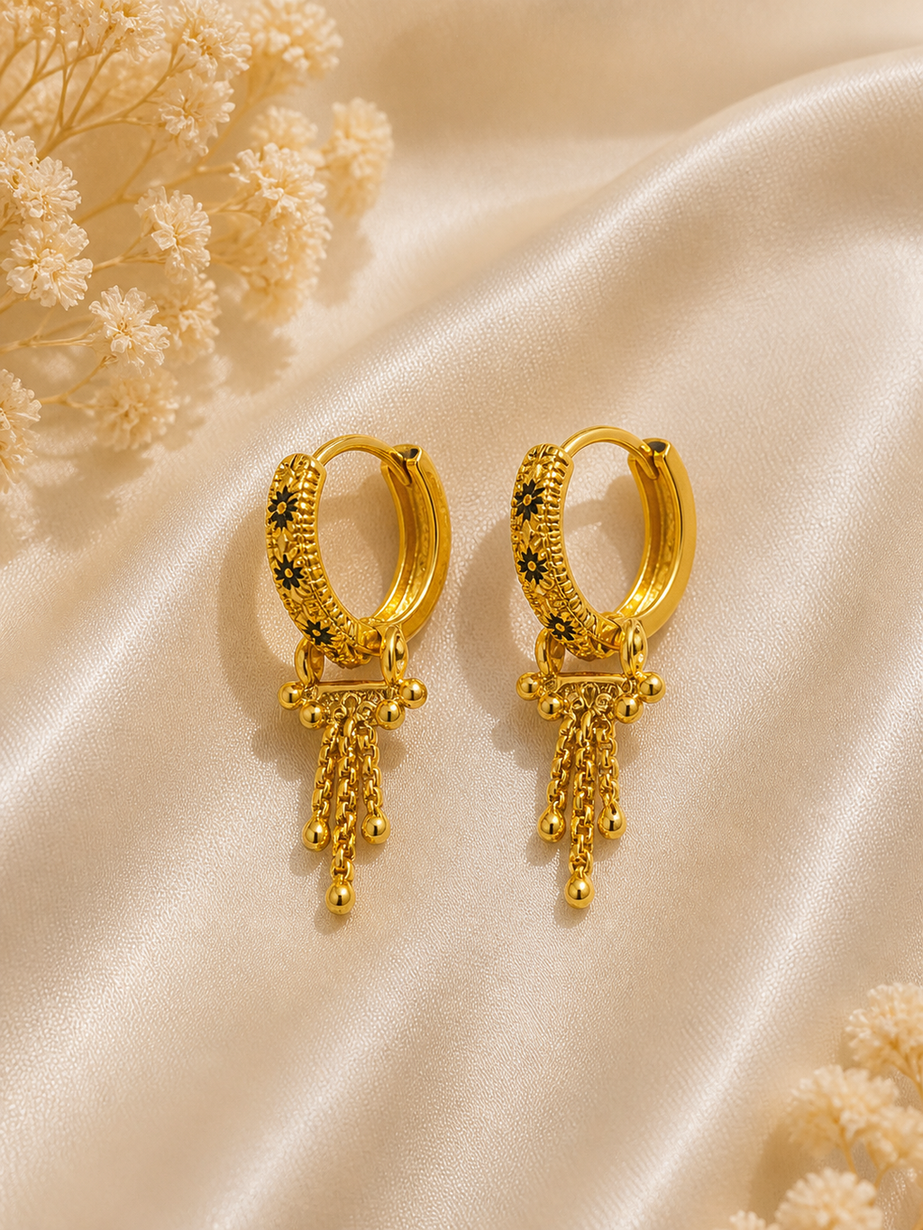 Gold Plated Hoop Earrings with Hanging Chain Beads for Women Trendy Daily & Party Wear Earrings