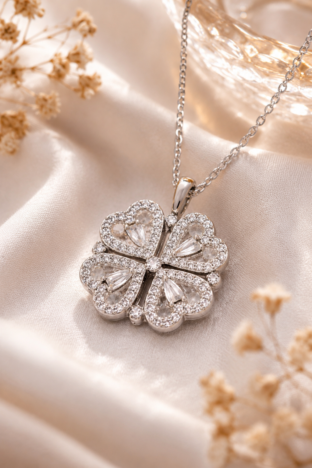 Anti Tarnish Stainless Steel Crystal Four Leaf Clover Heart Pendant Necklace for Women & Girls