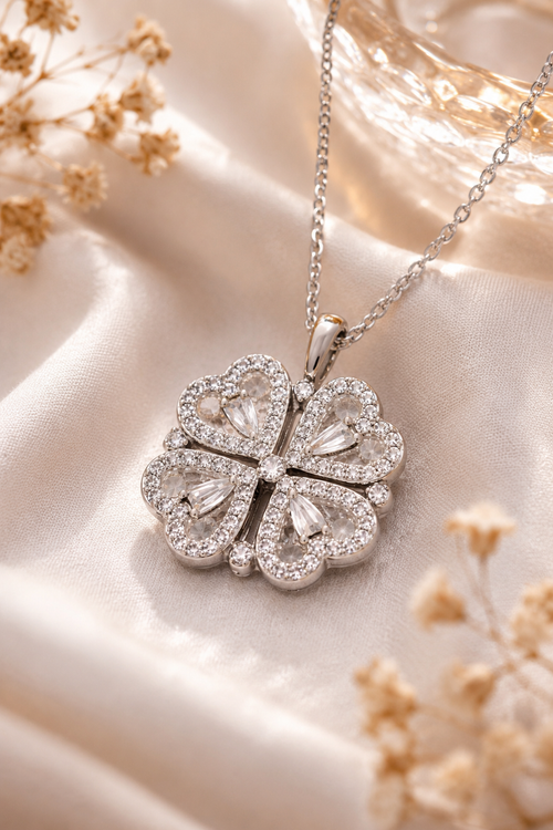 Anti Tarnish Stainless Steel Crystal Four Leaf Clover Heart Pendant Necklace for Women & Girls