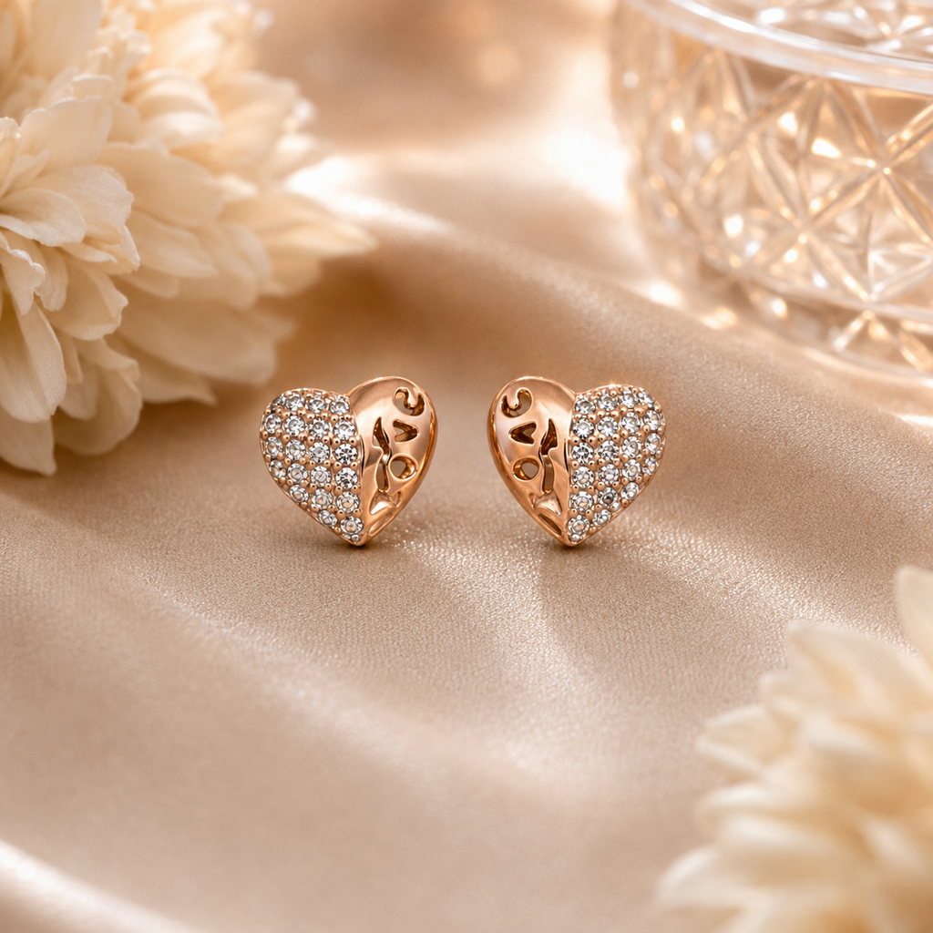 Anti Tarnish Rose Gold Crystal Heart Stud Earrings for Women & Girls
