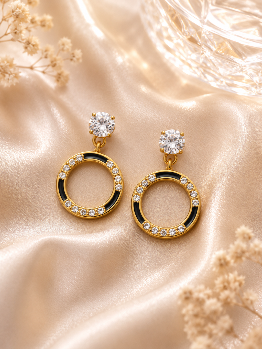 Anti Tarnish Gold Plated Black Enamel Crystal Hoop Earrings for Women & Girls