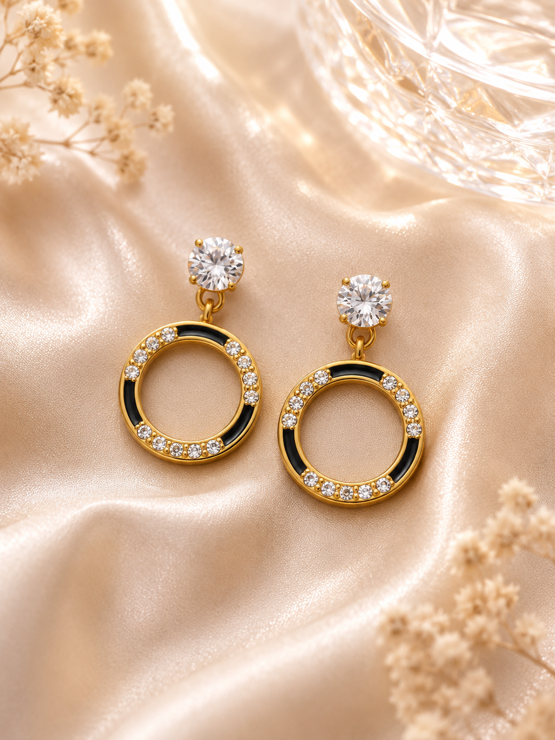 Anti Tarnish Gold Plated Black Enamel Crystal Hoop Earrings for Women & Girls