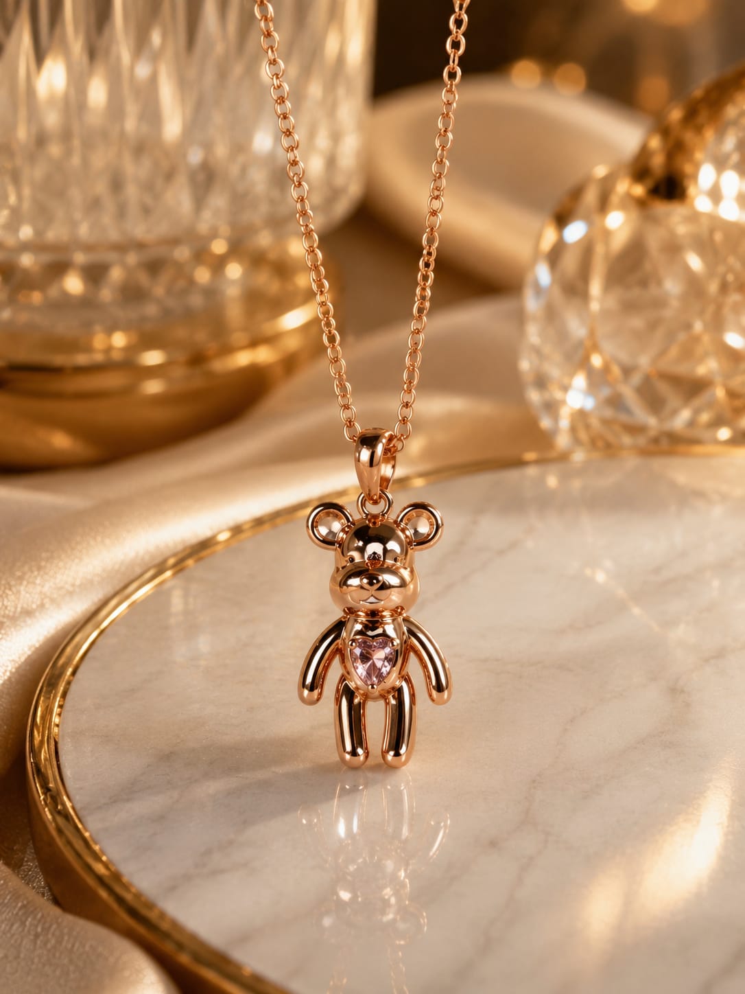 Rose Gold Teddy Bear Pendant Necklace for Women | Crystal Bear Pendant | Cute Fashion Jewelry