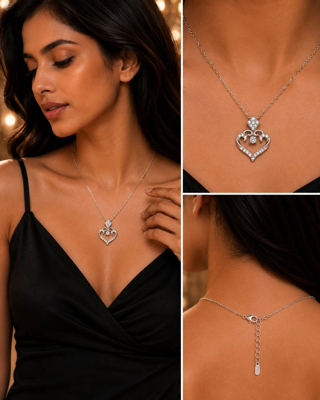 Silver Heart Crown Pendant Necklace | Crystal Heart Necklace for Women