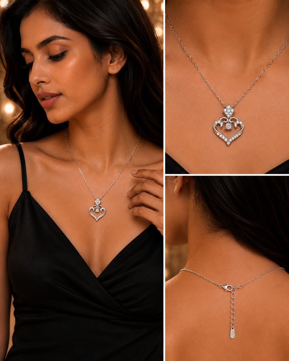 Silver Heart Crown Pendant Necklace | Crystal Heart Necklace for Women