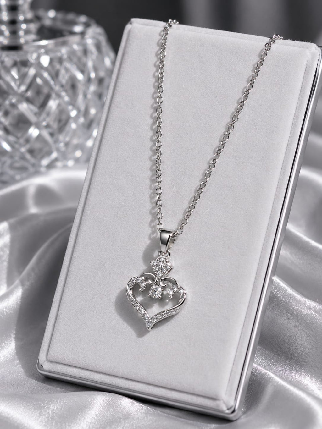 Silver Heart Crown Pendant Necklace | Crystal Heart Necklace for Women