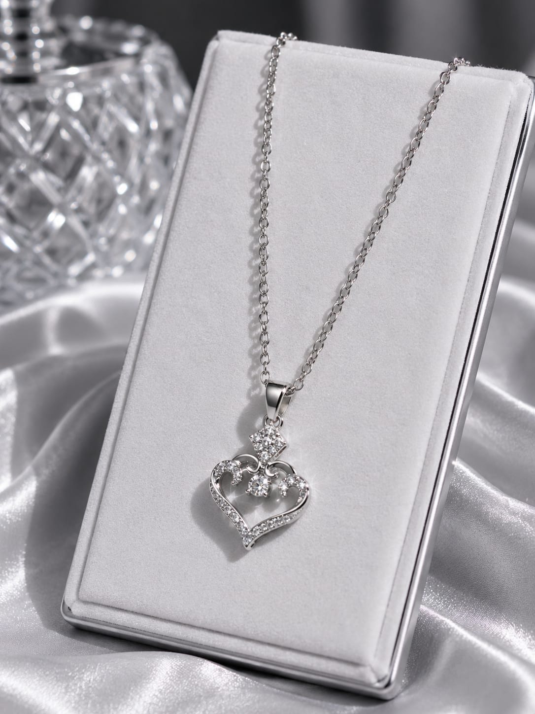 Silver Heart Crown Pendant Necklace | Crystal Heart Necklace for Women