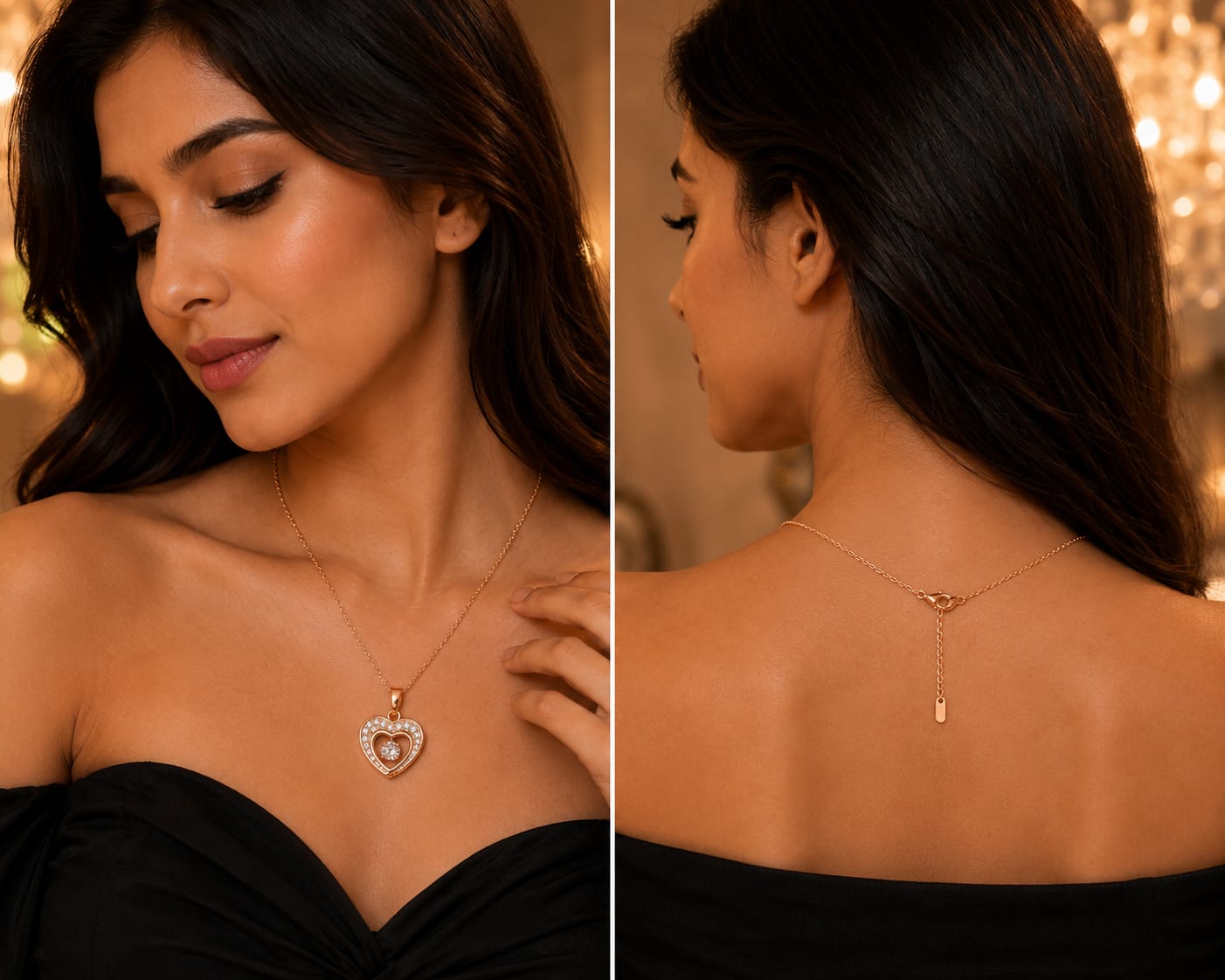 Rose Gold Double Heart Crystal Pendant Necklace for Women | Elegant Heart Necklace | Fashion Jewelry