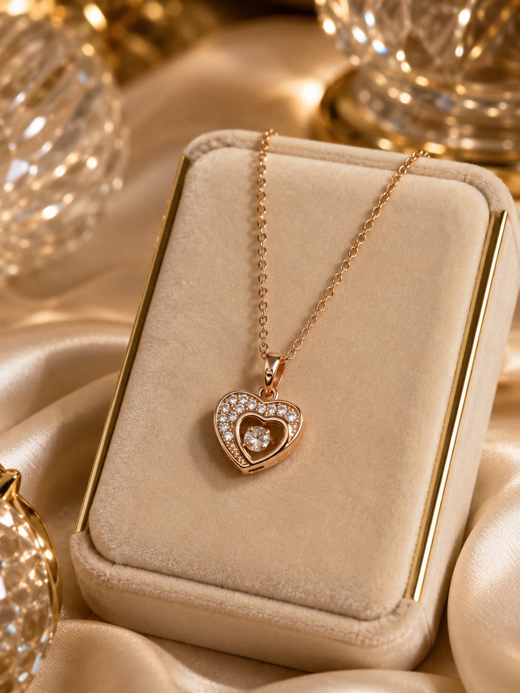 Rose Gold Double Heart Crystal Pendant Necklace for Women | Elegant Heart Necklace | Fashion Jewelry