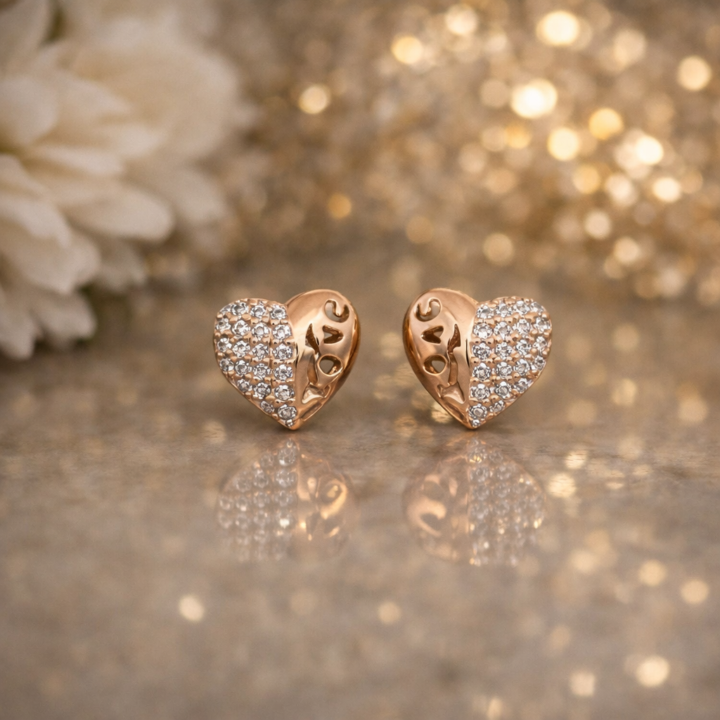 Anti Tarnish Rose Gold Crystal Heart Stud Earrings for Women & Girls