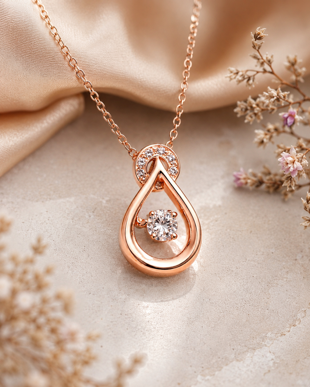 Anti Tarnish Rose Gold Plated Crystal Teardrop Pendant Necklace for Women & Girls