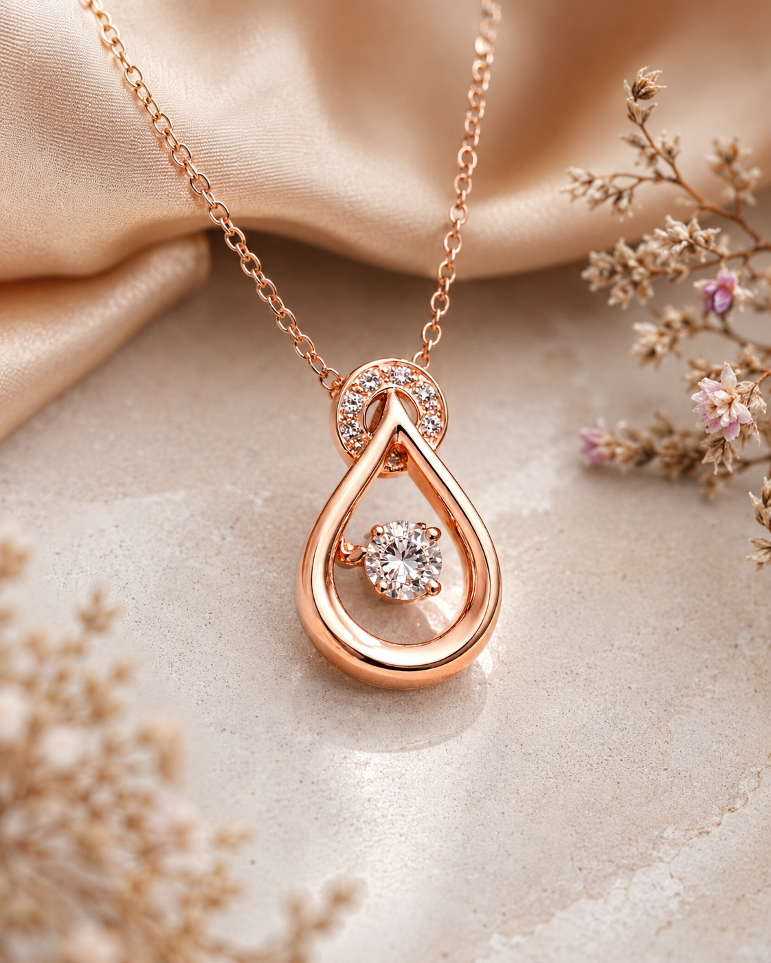Anti Tarnish Rose Gold Plated Crystal Teardrop Pendant Necklace for Women & Girls