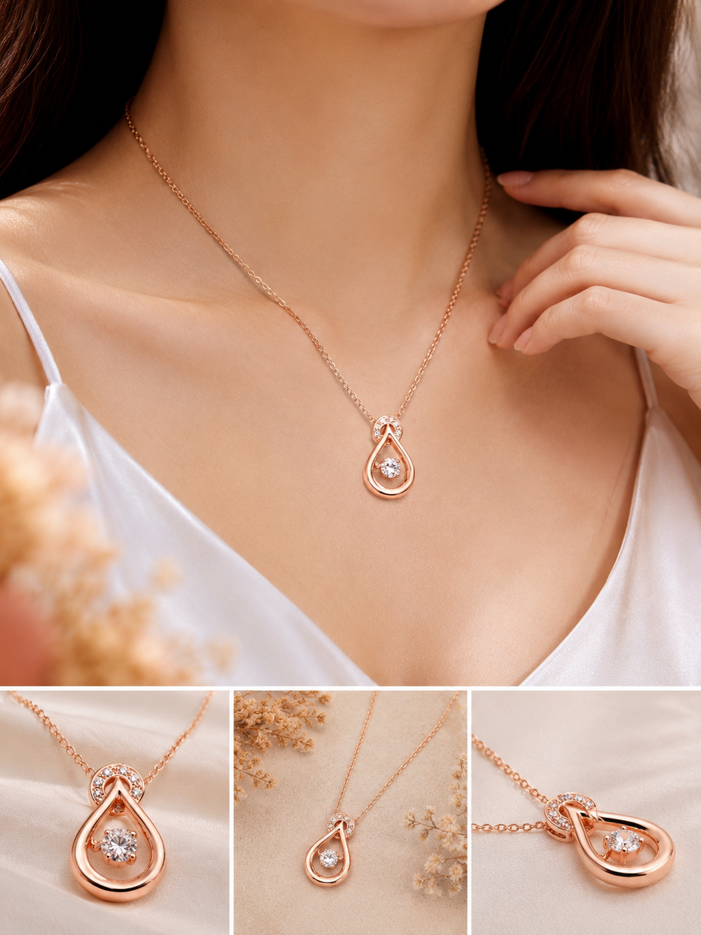 Anti Tarnish Rose Gold Plated Crystal Teardrop Pendant Necklace for Women & Girls